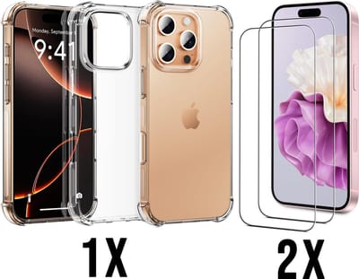 Casemania Hoesje en Glas Geschikt voor Apple iPhone 16 Pro - Transparant - Anti Shock Back Cover / 2x Glazen Screenprotector