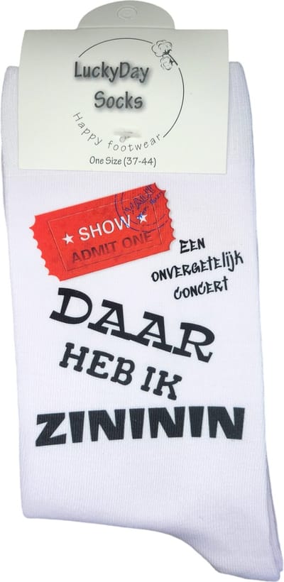 Zininin - Concert Sokken - Festival - Feest - Verjaardags cadeau vrouw en man - vrolijke sokken - Valentijns cadeau - Witte sokken met tekst - grappige sokken - leuke dames en heren sokken - moederdag - vaderdag - Socks waar je Happy van wordt - Maat