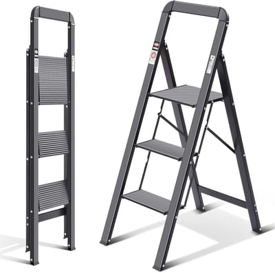 Famanu – Aluminium trapladder met 3 treden antislip treden geïntegreerde leuning en robuust zwart ontwerp