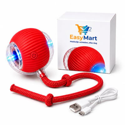 EasyMart Automatische Kattenbal – Interactief Kattenspeelgoed met LED & Touw – Zelfrollende Elektrische Speelbal – 3 Speelmodi – USB-C Oplaadbaar – Voor Binnenkatten – Rood