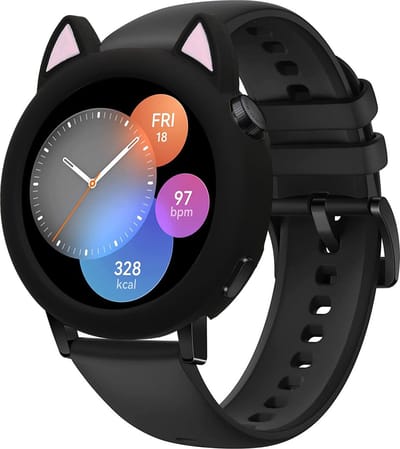 kwmobile smartwatch case geschikt voor Huawei Watch GT3 42mm hoesje - Siliconen sporthorloge beschermer - Met kattenoortjes in zwart / poederroze