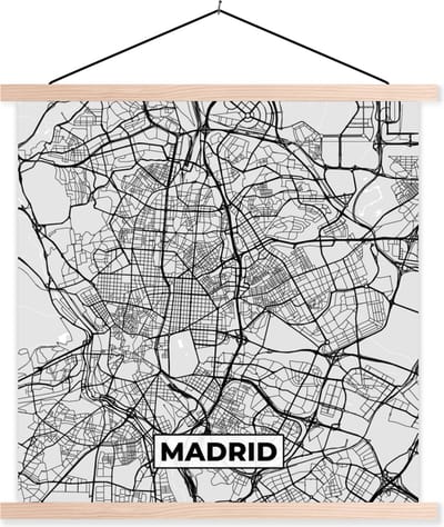Posterhanger incl. Poster 40x40 cm - Schoolplaat - Madrid - Zwart Wit - Stadskaart - Plattegrond - Kaart - Textielposter - Blanke latten - Stadskaart