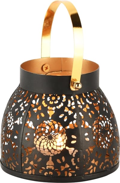 Dekoratief | Lantaarn 'Alium Flower', zwart/goud, metaal, 11x11x10cm | A248071