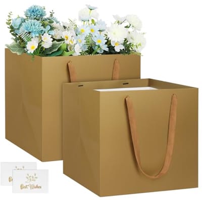 Grote Cadeautassen met Kaarten - Vierkante Gouden Cadeau Papieren Tas 25x25x25cm voor Cadeaus, Boeketten, Bloemen, Bruiloften, Taarten, Afstuderen en Verjaardagen