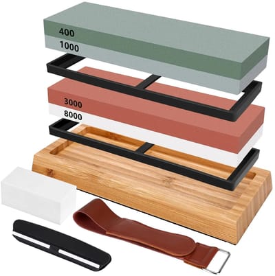 NordHaus Slijpsteenset - Slijpsteen - Wetsteen voor Messen - Antislip Bamboe Basis - Korrel 400 1000 3000 8000