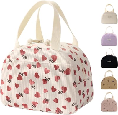 Halve Cirkel Corduroy Lunchtas voor Vrouwen & Mannen – Herbruikbare Geïnsuleerde Lunchtote met Voorpocket (26x20x17 cm)