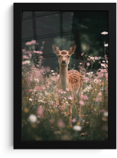 Poster in lijst - Fotolijst 20x30 cm - Posters - Hert - Wilde bloemen - Bos - Posterlijst zwart - Decoratie - Wanddecoratie woonkamer - Muurdecoratie slaapkamer