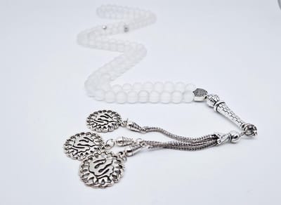 Handgemaakte tesbih "Tasbih" natuursteen "Selenite" - Aantal kralen 99 - Diameter kralen 8MM - met metaal tassel "Allah Muzakhrafa" - Een mooi cadeau-idee