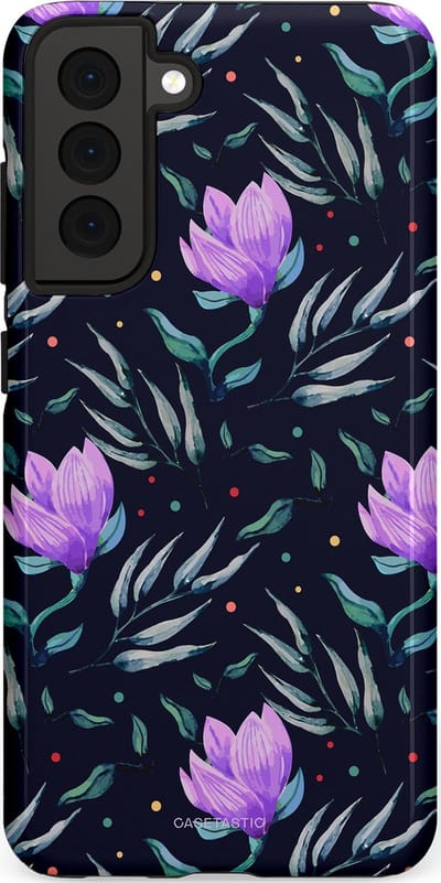 Casetastic hoesje geschikt voor Samsung Galaxy S21 FE 5G - Dubbellaagse bescherming - Mystieke bloemenzee - Fashion Case - Donkerblauw Donkergrijs Grijs Lavendel