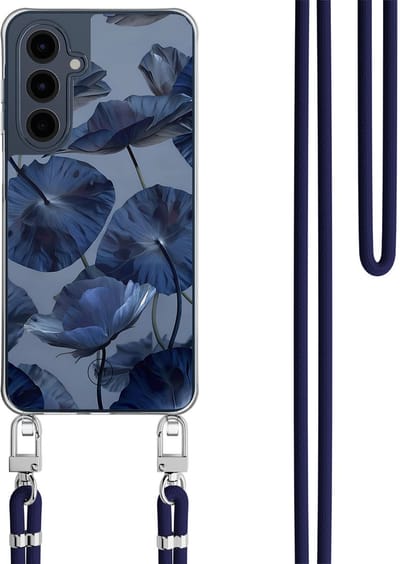 Hoesje met koord geschikt voor Samsung Galaxy A16 - Dusky blooms - Inclusief Donkerblauw koord - Crossbody beschermhoes - Transparant, Paars - Mooie Telefoonhoesjes