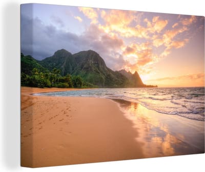 Kauai zonsondergang Canvas 90x60 cm - Foto print op Canvas schilderij (Wanddecoratie woonkamer / slaapkamer)