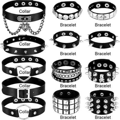 13-delige Punk Rock Pu Leer Kraag Armband Set, Geschikt Voor Mannen En Vrouwen, Hip Hop Band Stijl, Halloween Cadeau gray