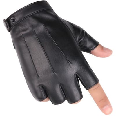 Gants en Cuir Demi-Doigts Homme et Femme Montrant les Doigts Tactiques Sports de Plein Air Équitation Moto Fitness Gants PU Demi-Doigts Trois Lignes average size black