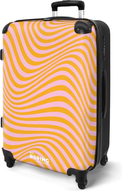 NoBoringSuitcases.com® - Koffer groot - Rolkoffer lichtgewicht - Roze met oranje golvende lijnen - Reiskoffer op 4 wielen - Large travel luggage suitcase - Vakantie valiezen volwassenen - Grote trolley XL - 20 kg bagage