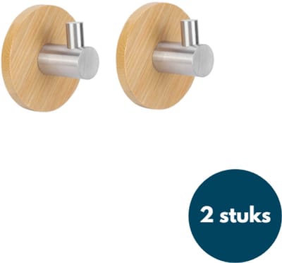 Kapstok haken hout - Bamboe hout chroom - Wandhaken - Wandkapstok - Zelfklevende haakjes - Plakhaakjes - Rond - 2 stuks