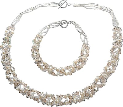 Zoetwaterparel set Pearl Crystal Clear - parelketting + parel armband - echte parels - wit - zilver - sieraden zakje