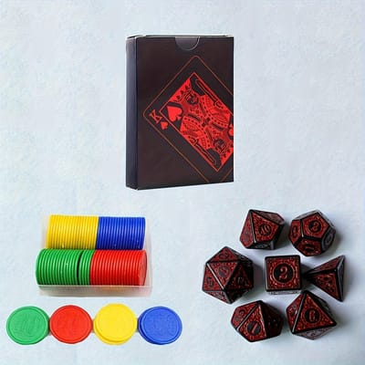 1 Jeu de Cartes Boîte de Jetons et Ensemble de 7 Dés Cartes à Jouer en Plastique Noir Résistant à l'Usure et Durable Ensemble de Dés Rouges à Motifs Vintage rouge