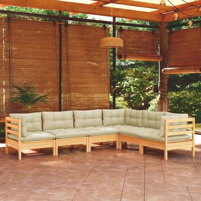 vidaXL - 6-delige - Loungeset - met - crèmekleurige - kussens - grenenhout