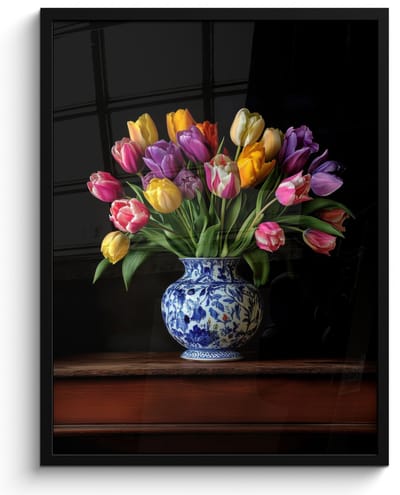 Poster in lijst - Fotolijst 50x70 cm - Posters - Tulpen - Kleuren - Hout - Vaas - Posterlijst zwart - Decoratie - Wanddecoratie woonkamer - Muurdecoratie slaapkamer