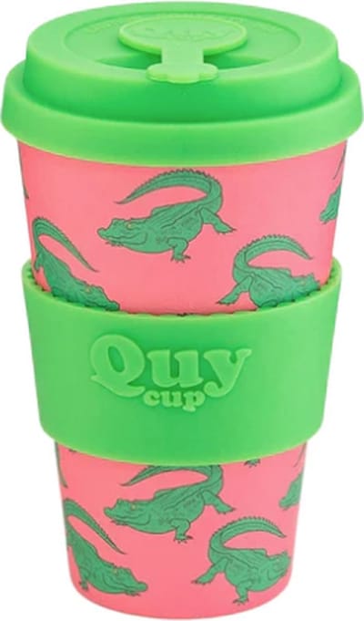 Quy Cup 400ml Ecologische reisbeker - "Krokodil" - Gerecycleerde flessen met groene siliconen deksel 9x9xH15cm