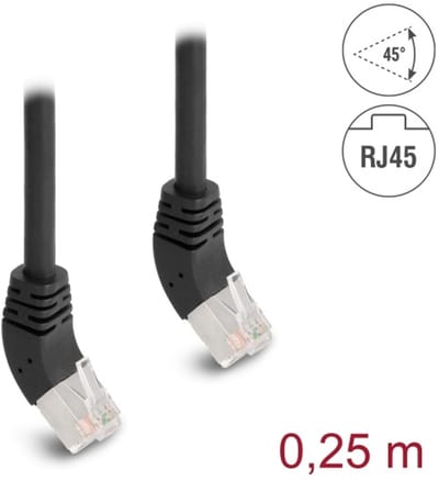 Delock RJ45 Network Cable Cat.6A S/FTP 45° upwards angled 0.25 m black