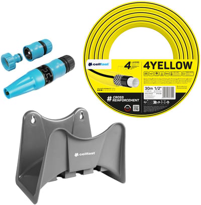 Cellfast 4YELLOW tuinslang 1/2" 30 m + Cellfast grijze slanghouder + set met Cellfast Basic rechte sproeier 1/2"