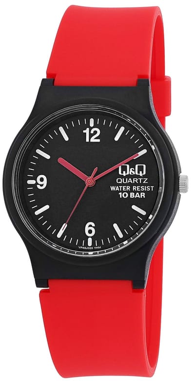 Q&Q VP46J025Y - Horloge - Sport - Analoog - Unisex - Kinderen - Plastic band - Rond - Kunststof - Cijfers - Rood - Zwart - 10 ATM