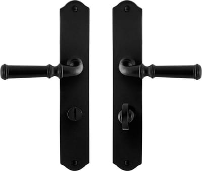 Deurkruk op schild - Smeedijzer zwart - Gietijzer - GPF - GPF6220.60 smeedijzer zwarte Deurklink Meri op WC63/8, 238x41x4mm