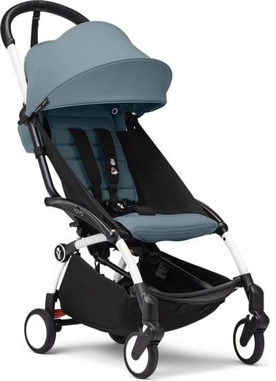 Stokke YOYO3 kinderwagen vanaf 6 maanden - Inclusief wit frame / Aqua zitkussen + luifel - In een handomdraai in- en uitklapbaar - Licht en compact - Past in handbagage