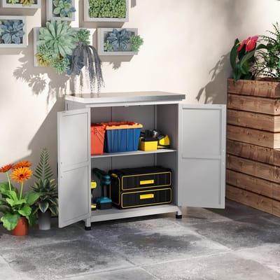 REDOM - Tuinkast - Met Werkblad En Dubbele Deur - Met Binnenplank - Hout - Grijs - 79 X 43 X 92 Cm