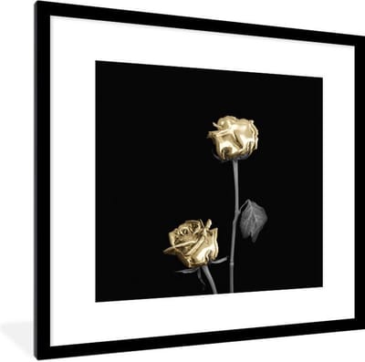 Fotolijst incl. Poster - Rozen - Bloemen - Zwart - Wit - Goud - 40x40 cm - Posterlijst