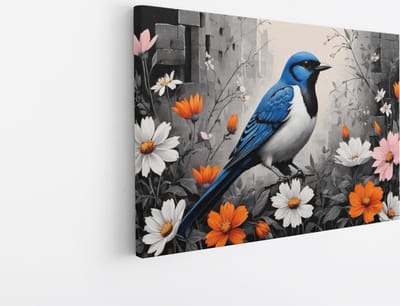 Saammp Canvas Schilderij - Blauwe Kolibrie - Natuur - Dieren- 45x30 - Foto op canvas - Wanddecoratie - Muurdecoratie Woonkamer - Slaapkamer decoratie - Canvas Print