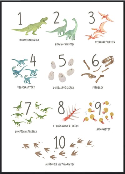 No Filter - Dinosaurus poster - 30x40 cm (A3 formaat) - Cijfers 1 t/m 10 - Kinderkamer posters - Educatieve posters