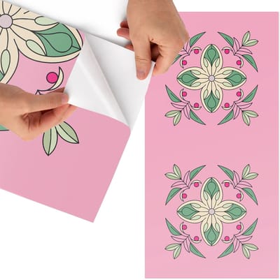 Tulup Meubelfolie - Pastelkleurige tegels Meubel Wrap Folie - 75x150 cm - Roze Meubelfolie - Plakfolie Meubels - Boho Meubelfolie - Decoratiefolie Zelfklevend - Slaapkamer decoratie - Bloemen en planten