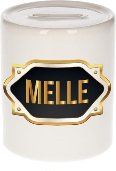 Spaarpot met voornaam Melle - wit - met goud/zwart embleem - 8 x 9 cm - keramiek - met afsluitdop - cadeau verjaardag