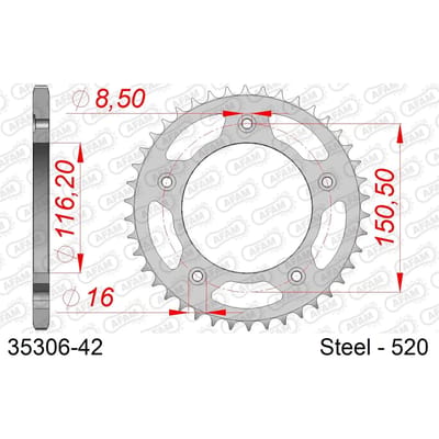 Stalen motortandwiel achteraan Afam 520 42 dents