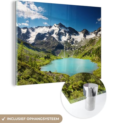 MuchoWow® Glasschilderij 40x30 cm - Schilderij acrylglas - Sneeuw - Berg - Water - Foto op glas - Schilderijen