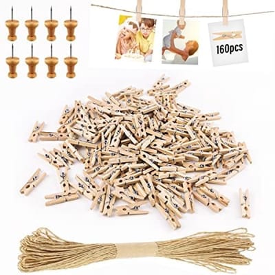 PromoHome 168 Stuks Mini Houten Wasknijpers Set met 10 Meter Jute Touw - Ideaal voor Fotowand Decoratie, Bruiloft, Feest en Knutselprojecten - Natuurlijke Houten Klemmen voor Polaroid Foto's