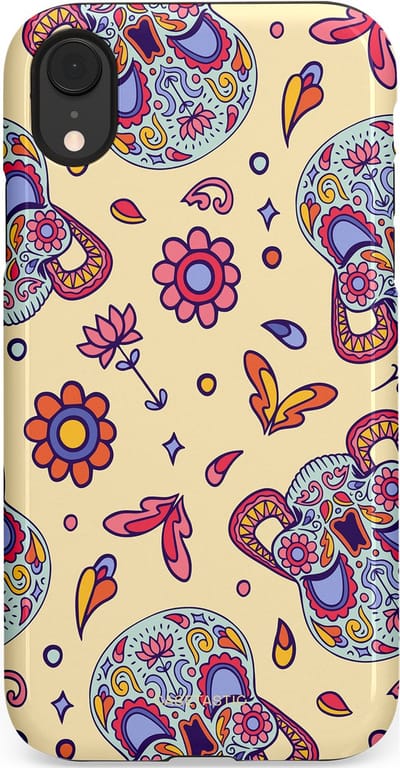 Casetastic hoesje geschikt voor Apple iPhone XR - Dubbellaagse bescherming - Dia de los Muertos Doodshoofd Bloemen - Fashion Case - Crème Lila Zilver
