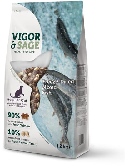 Vigor & Sage Kattenvoer Droog Adult Freeze-Dried Mixed Fish - 4 x 1,2 kg - Voordeelverpakking