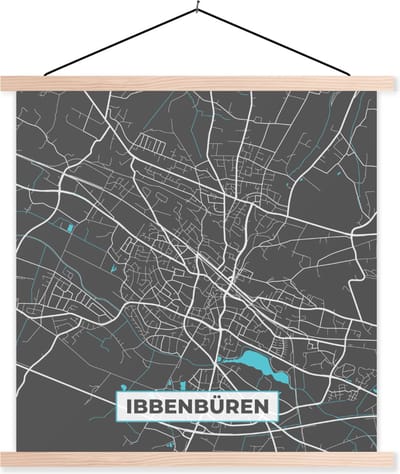 Posterhanger incl. Poster 90x90 cm - Schoolplaat - Stadskaart – Plattegrond – Duitsland – Blauw – Ibbenbüren – Kaart - Textielposter - Blanke latten - Stadskaart