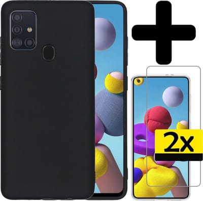 Hoesje - Met 2x Screenprotector - Geschikt voor Samsung Galaxy A21s - Sterk & Shockproof - Back Cover - Siliconen Case - Telefoon Hoes - Telefoonhoesjes - Zwart