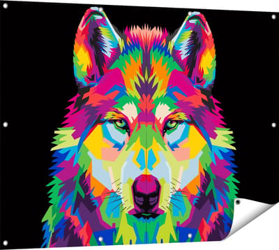 Gards Tuinposter Gekleurde Wolvenkop - Wolf - Abstract - 120x90 cm - Tuindoek - Tuindecoratie - Wanddecoratie buiten - Tuinschilderij
