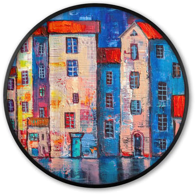 Poster in lijst Rond - Fotolijst 60x60 cm - Posters - Schilderij - Olieverf - Huis - Water - Ronde posterlijst zwart - Decoratie - Wanddecoratie woonkamer - Muurdecoratie slaapkamer