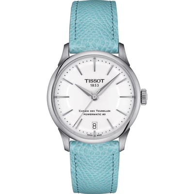 Tissot T-Classic Chemin des Tourelles Powermatic 80 T1392071601100 Horloge - Leer - Blauw - Ø 34 mm