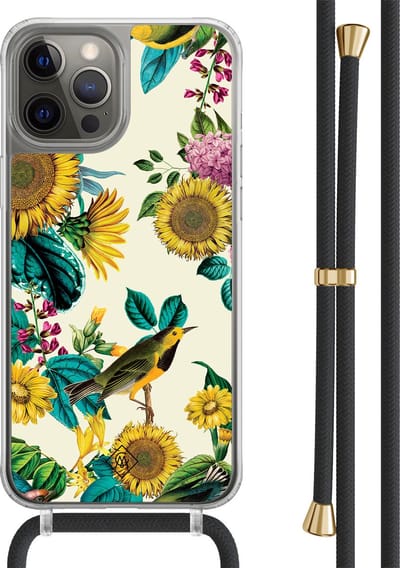 Casimoda® hoesje met zwart koord - Geschikt voor iPhone 12 Pro - Zonnebloemen / Bloemen - Afneembaar koord - TPU/polycarbonaat - Geel