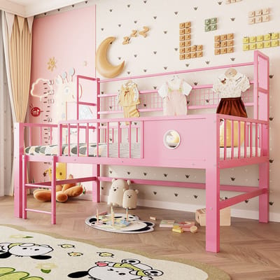 Halfhoogslaper - 90x200 cm - met Opbergvakken - voor Kinderen en Tieners - Metaal - Roze