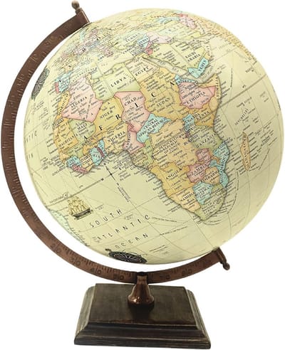 Antieke Wereldbol 30cm met Houten Voet - Vintage Decoratie en Educatief