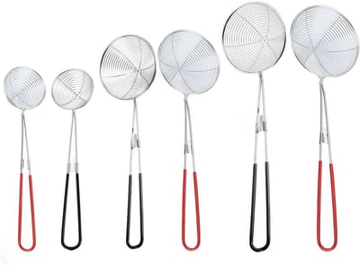 Complete Fondue Set met 6 Stukken, RVS Keukenzeef met Handvatten en RVS Lepel, Ideaal voor Gezellige Fondue Avonden, 27.5/28.5/30.5 cm, Zwart/Rood