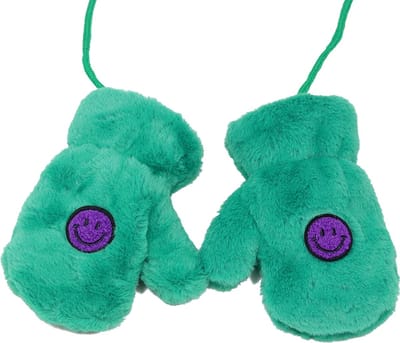 Kinderwanten smiley - groen - maat 4 - faux fur wanten voor kind - groen/paars - 6 tot 8 jaar - STUDIO Ivana